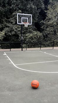 A serene outdoor basketball court with a ball in foreground and hoop in background.
