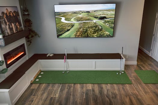 Indoor setup for golf practice featuring a putting mat and virtual golf course display.